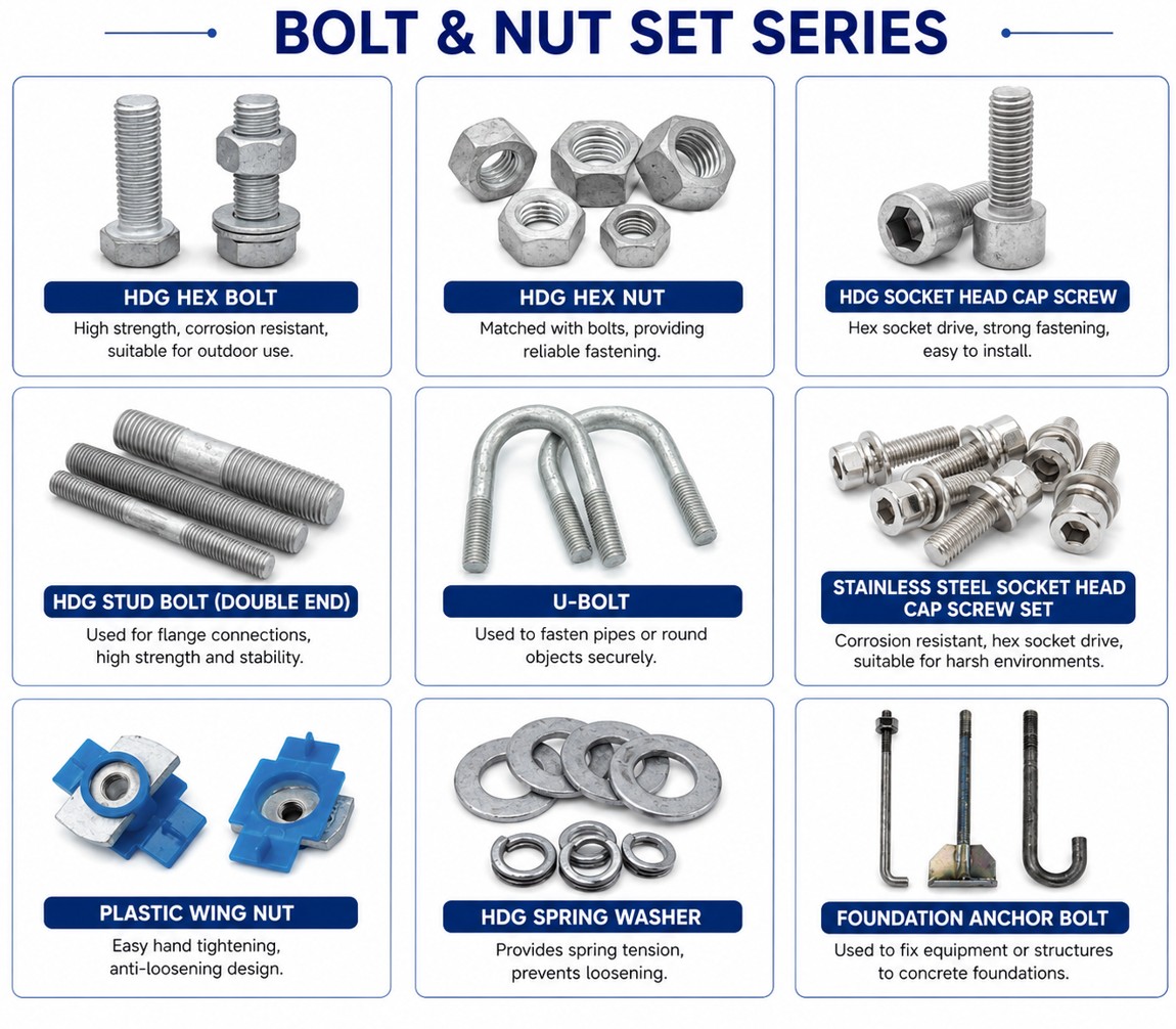 Bolts and nuts overview — hot-dip galvanized bolt, nut, socket head cap screw, double-end stud, U-bolt, stainless socket screws, plastic wing nut, flat and spring washers, foundation bolts