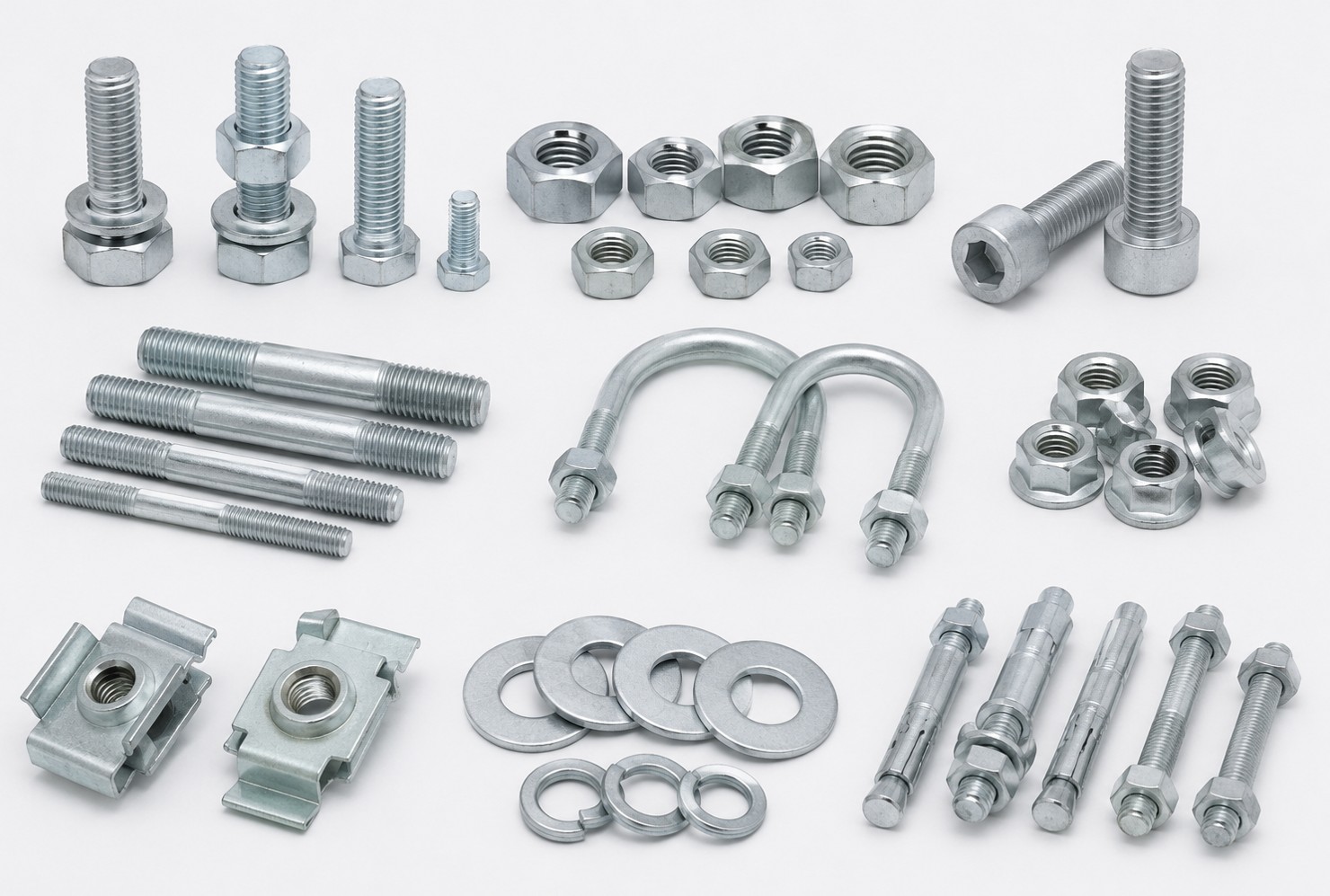 Hot-dip galvanized hex bolts, flange nuts, U-bolts, studs and washers