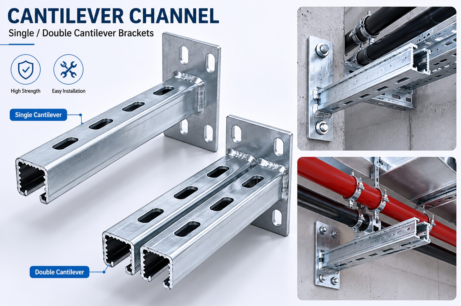Single and double cantilever arm channel bracket for wall-mounted pipe and duct support