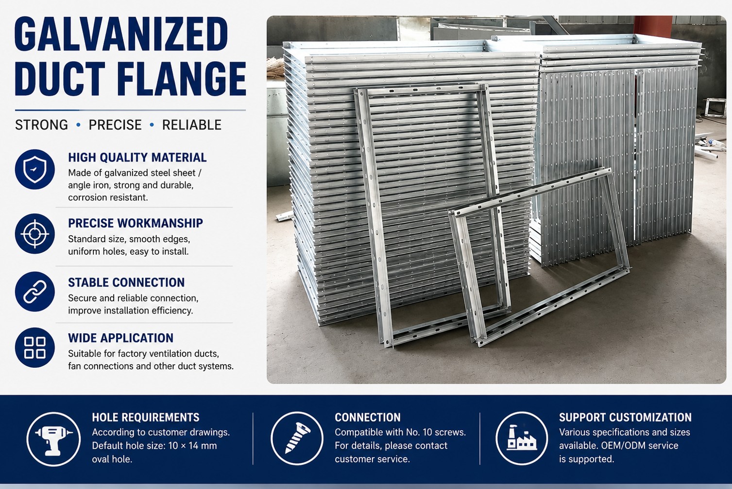 Galvanized angle-iron duct flange — round and rectangular frames with slotted holes for HVAC ductwork connection