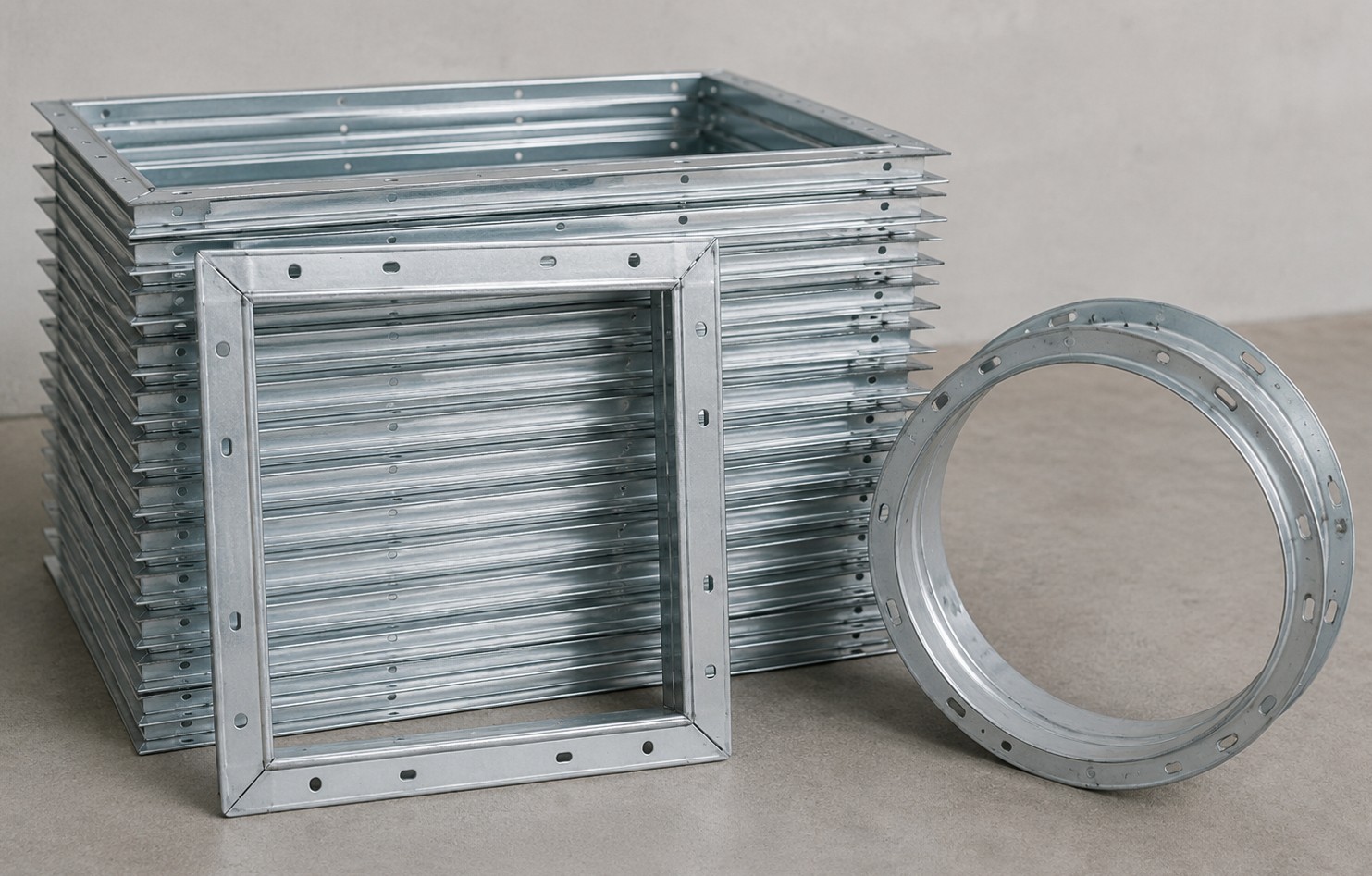 Galvanized angle iron duct flange for HVAC ductwork connection, custom drilled