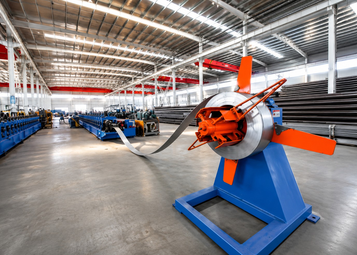Steel coil uncoiler and forming machine at the seismic bracing factory