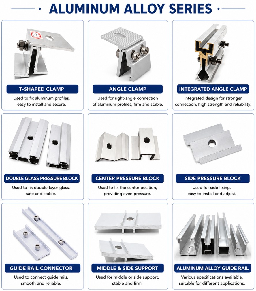 Solar mounting systems overview — aluminium rails, T and claw clamps, mid and end clamps, dual-glass clamps, rail splices and supports