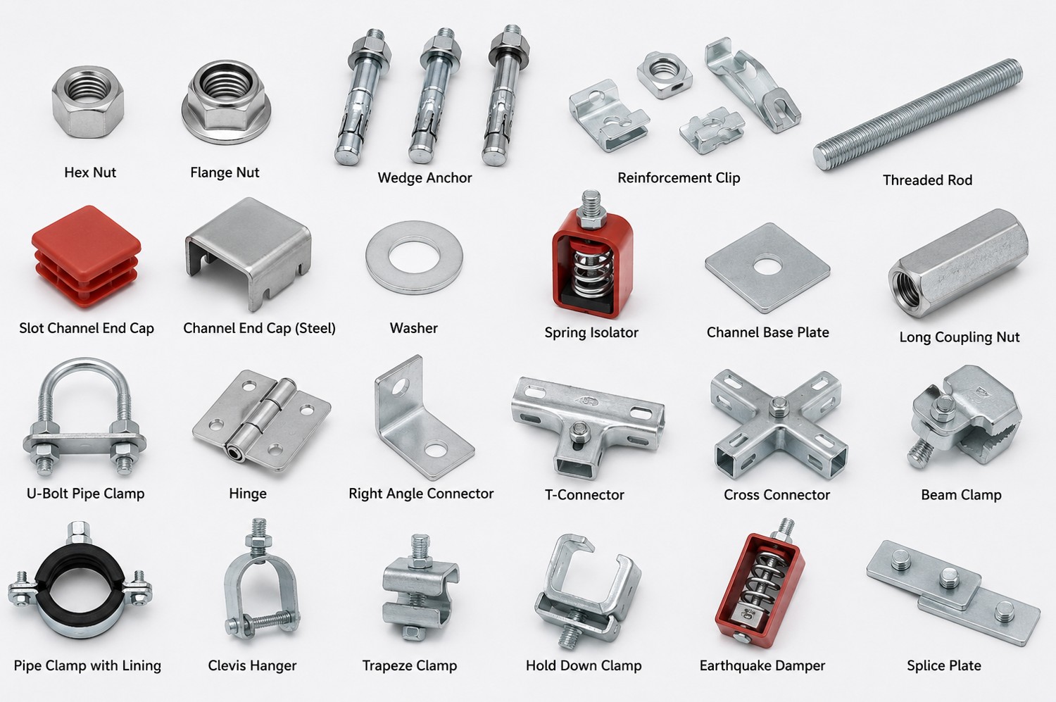 Strut accessories and hardware: channel nuts, flange nuts, end caps and washers